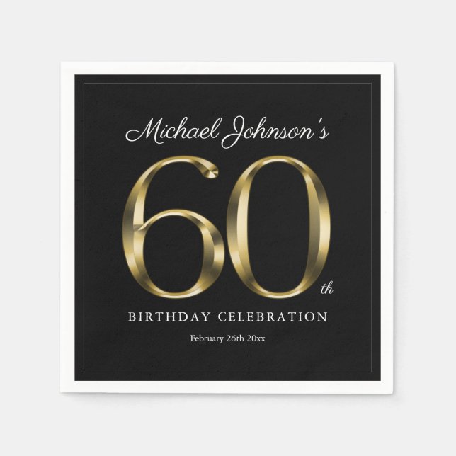 Elegant 60th Birthday Black Gold Classy Custom Napkins (Front)