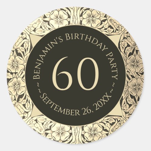 Elegant 60th Birthday Black Gold Vintage Flowers  Classic Round Sticker