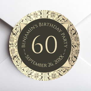 Elegant 60th Birthday Black Gold Vintage Flowers  Classic Round Sticker