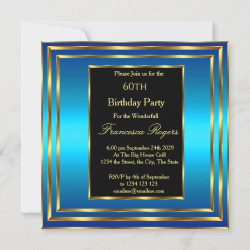 Elegant 60th Birthday Blue Ocean Gold  Invitation