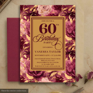 Elegant 60th Birthday Burgundy Blush Gold Floral Invitation
