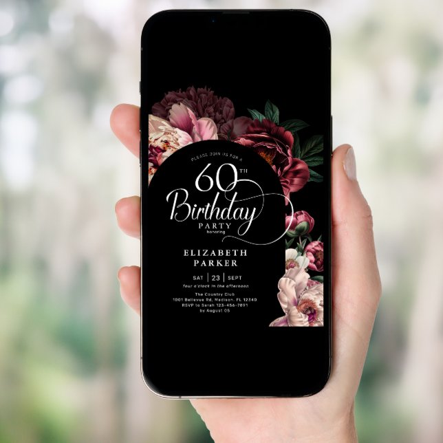 Elegant 60th Birthday Burgundy Pink Peonies Invitation (Front Digital)