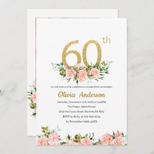 Elegant 60th  Birthday Celebration Watercolor Glit Invitation