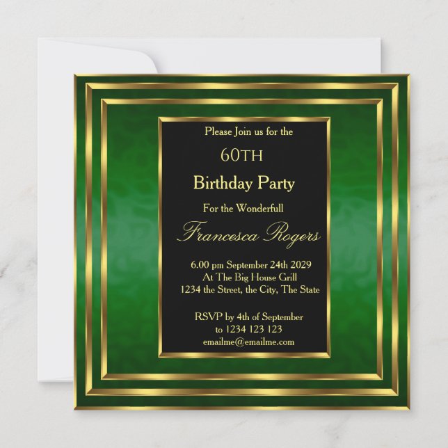 Elegant 60th Birthday Emerald Green Gold  Invitation (Front)