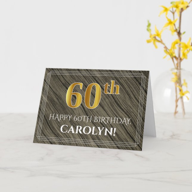 Elegant 60th Birthday: Faux Wood, Faux Gold Look Card (Yellow Flower)