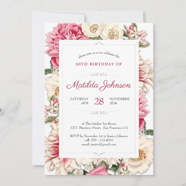Elegant 60th Birthday Floral Botanical Custom Invitation (Front)