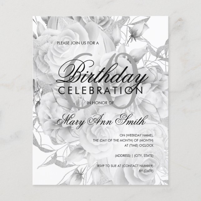 Elegant 60th Birthday Floral Silver White Invite (Front)