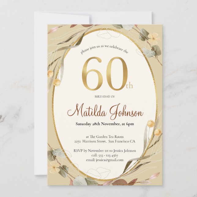 Elegant 60th Birthday Floral Warm Autumn Colors Invitation (Front)