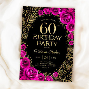 Elegant 60th Birthday Fuchsia Pink Black & Gold Invitation