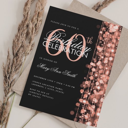 Elegant 60th Birthday Glam Sparkles Rose Gold Invitation