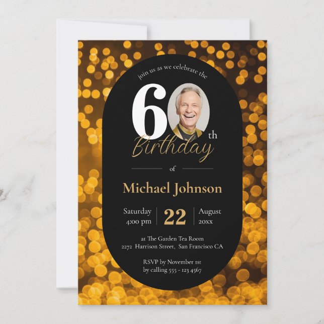 Elegant 60th Birthday Gold Black Custom Photo Invitation (Front)