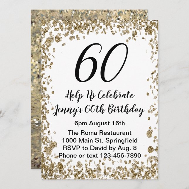 Elegant 60th Birthday Invitation For Her in Gold (Front/Back)