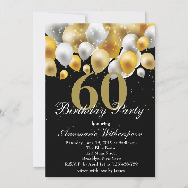 Elegant 60th Birthday Invitation Gold Balloons (Front)