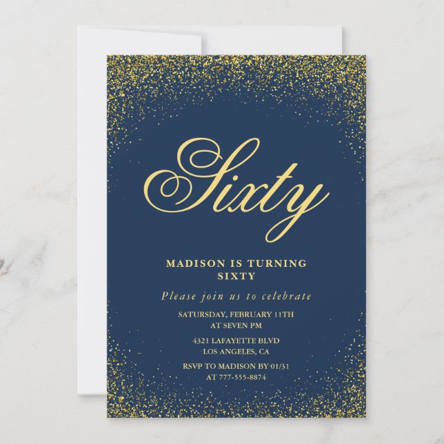 Elegant 60th birthday invitation Gold Navy Glam (Front)