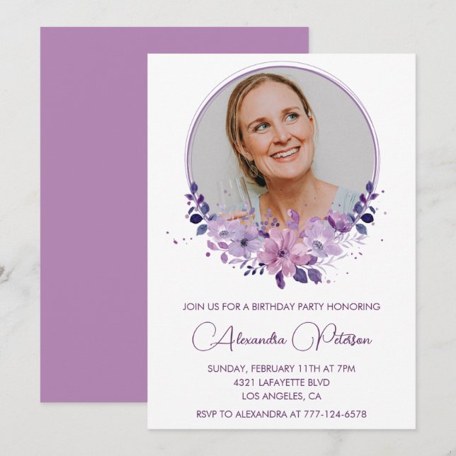 Elegant 60th birthday invitation Photo Boho purple (Front/Back)