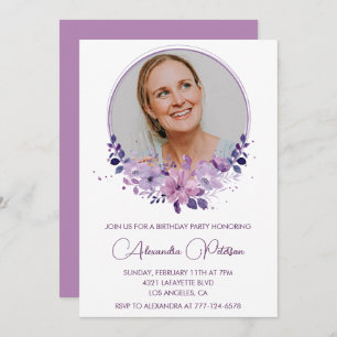 Elegant 60th birthday invitation Photo Boho purple