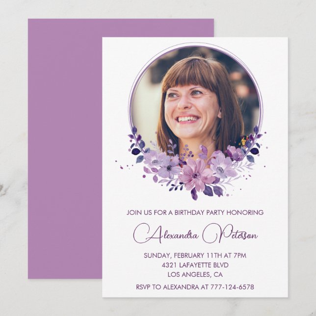 Elegant 60th birthday invitation Photo Floral Boho (Front/Back)