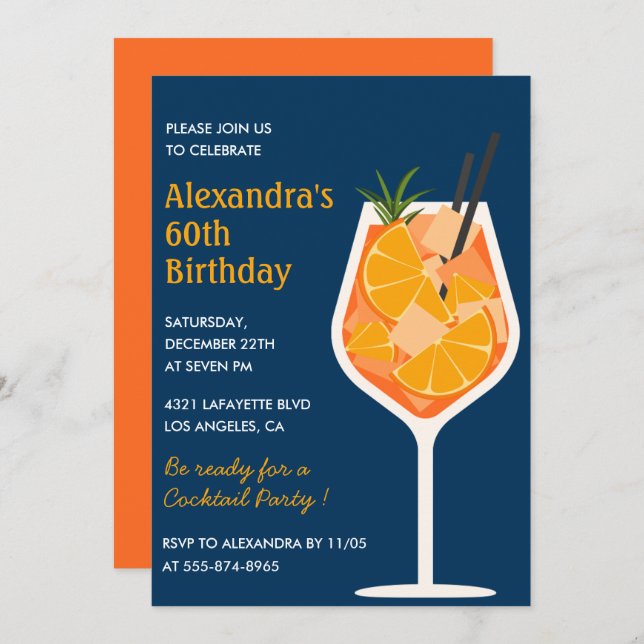 Elegant 60th birthday invitations Cocktail Navy (Front/Back)