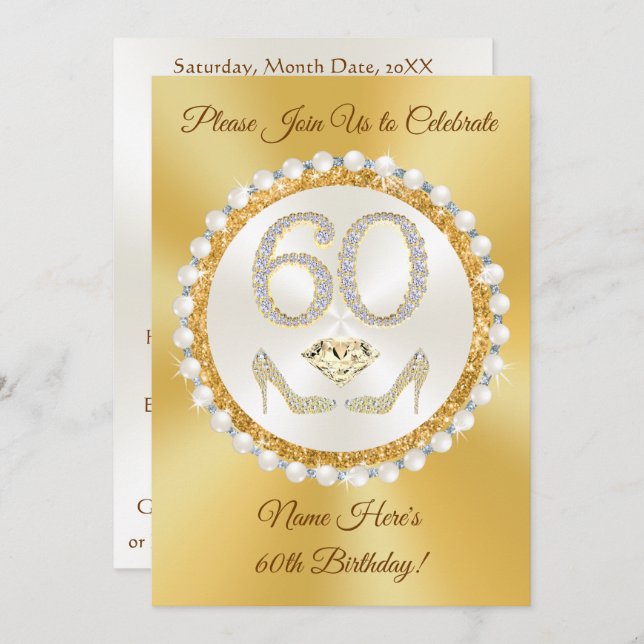 Elegant, 60th Birthday Invitations for Her, Custom (Front/Back)