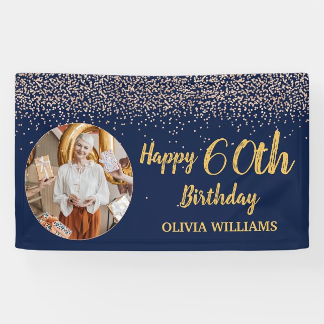 Elegant 60th Birthday Navy Blue Gold Glitter  Banner (Horizontal)