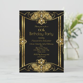 Elegant 60th Birthday Party Add Photo Gold Black Invitation | Zazzle