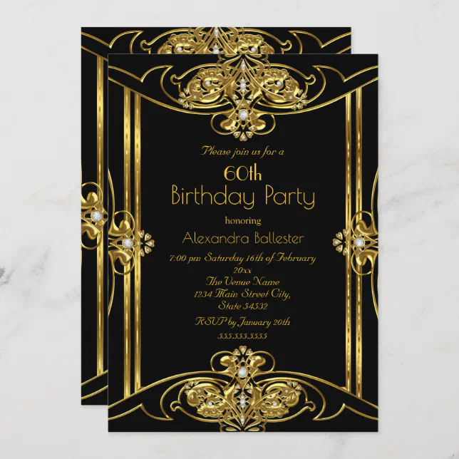 Elegant 60th Birthday Party Add Photo Gold Black Invitation | Zazzle