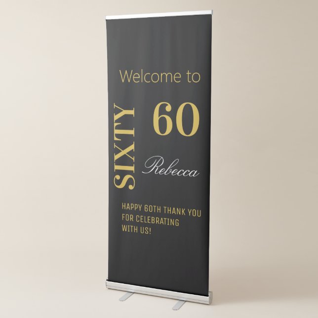 Elegant 60th Birthday Party Black & Gold Backdrop  Retractable Banner (3/4)