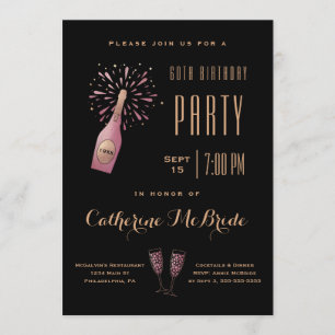 Elegant 60th Birthday Party Black Gold Champagne Invitation