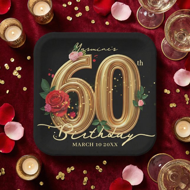 Elegant 60th Birthday Party Black Gold Red Rose Paper Plates (Creator Uploaded)