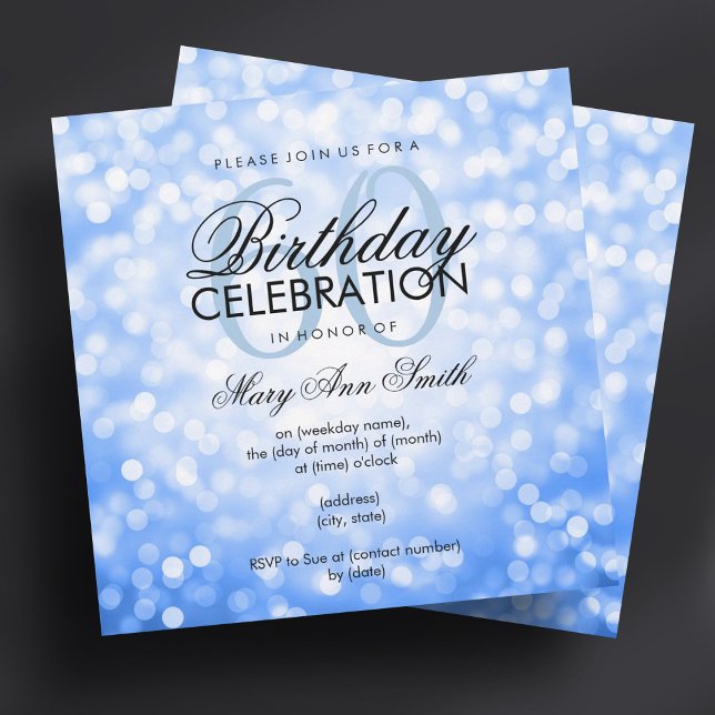 Elegant 60th Birthday Party Blue Glitter Lights Invitation (Elegant 60th Birthday Party Blue Glitter Lights Invitation)
