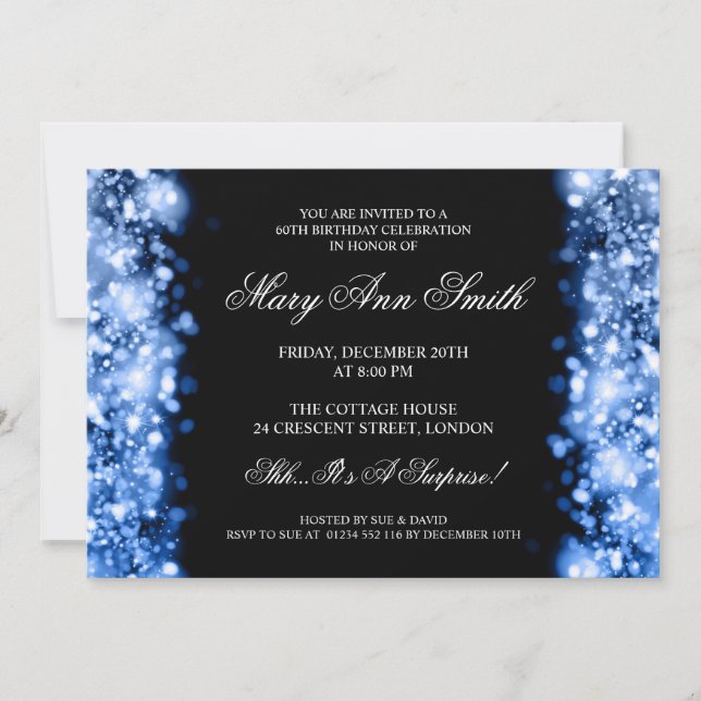 Elegant 60th Birthday Party Blue Sparkling Lights Invitation (Front)