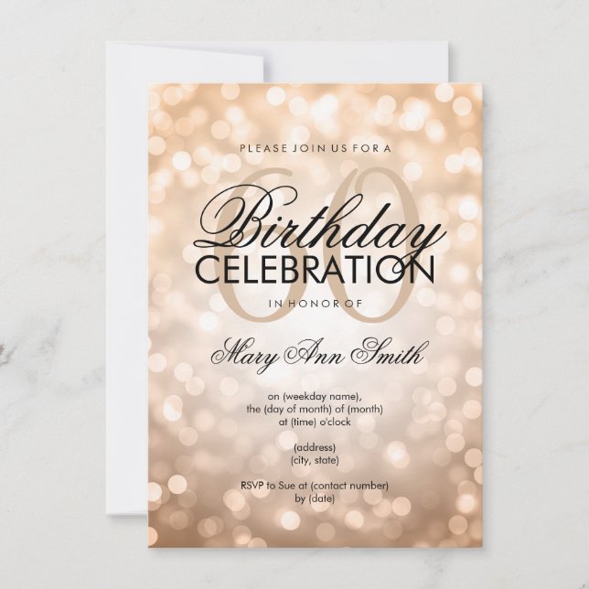 Elegant 60th Birthday Party Copper Glitter Lights Invitation (Front)