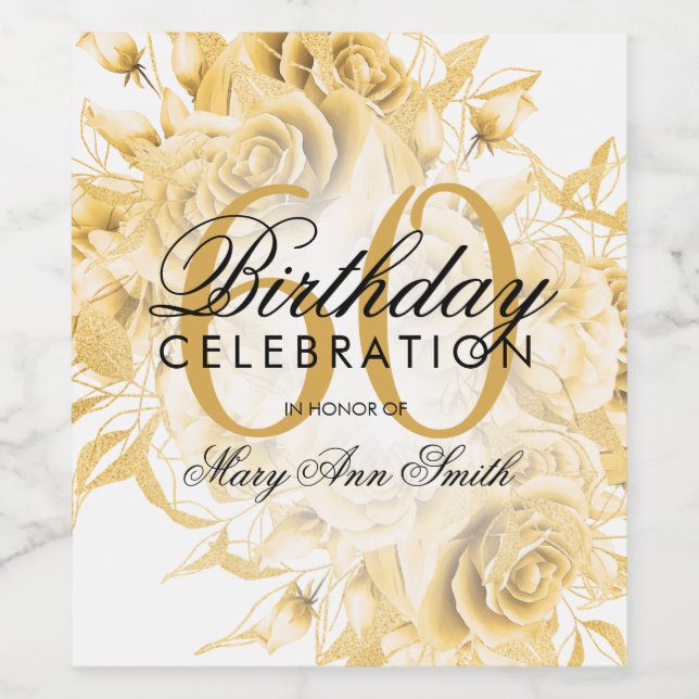 Elegant 60th Birthday Party Floral Gold  Wine Label (Single Label)