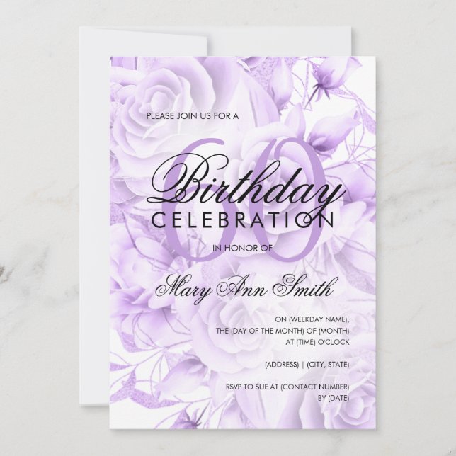 Elegant 60th Birthday Party Floral Purple  Invitation (Front)
