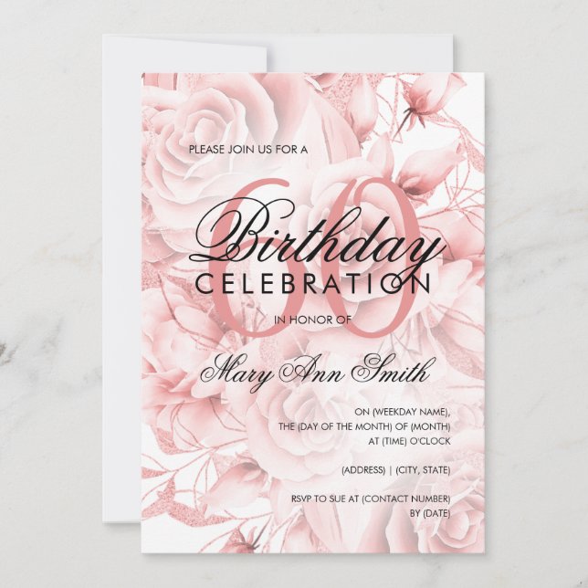 Elegant 60th Birthday Party Floral Rose Gold  Invitation (Front)