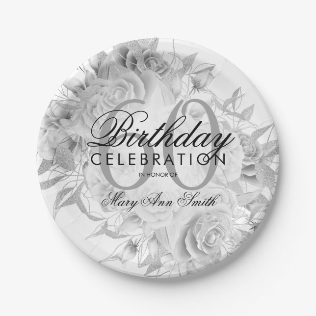 Elegant 60th Birthday Party Floral Silver White Paper Plates (Front)
