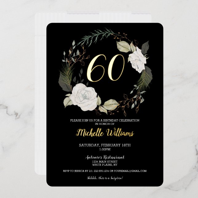 Elegant 60th Birthday Party Floral Wreath Gold Foil Invitation (Envelope)