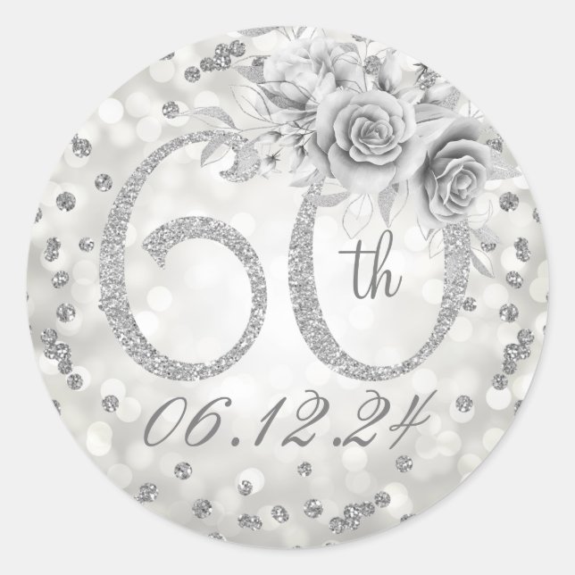 Elegant 60th Birthday Party Glam Lights Silver  Classic Round Sticker (Front)