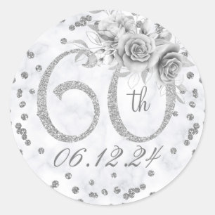 Elegant 60th Birthday Party Glam Marble Silver Classic Round Sticker