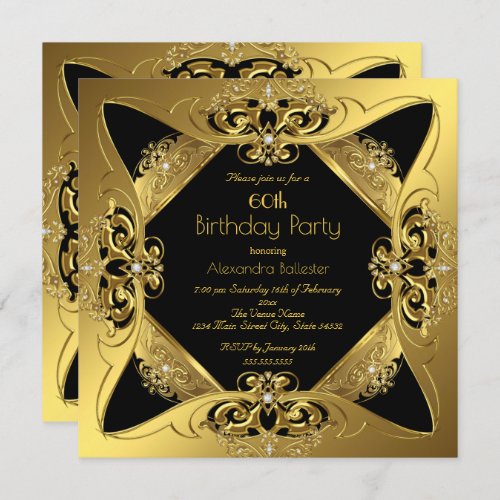 Elegant 60th Birthday Party Gold Black Diamond Invitation