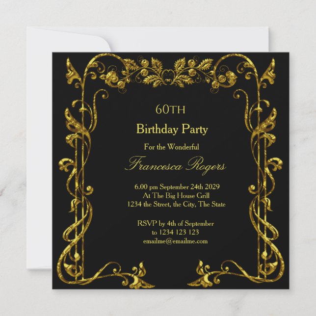 Elegant 60th Birthday Party Gold Black  Invitation (Front)