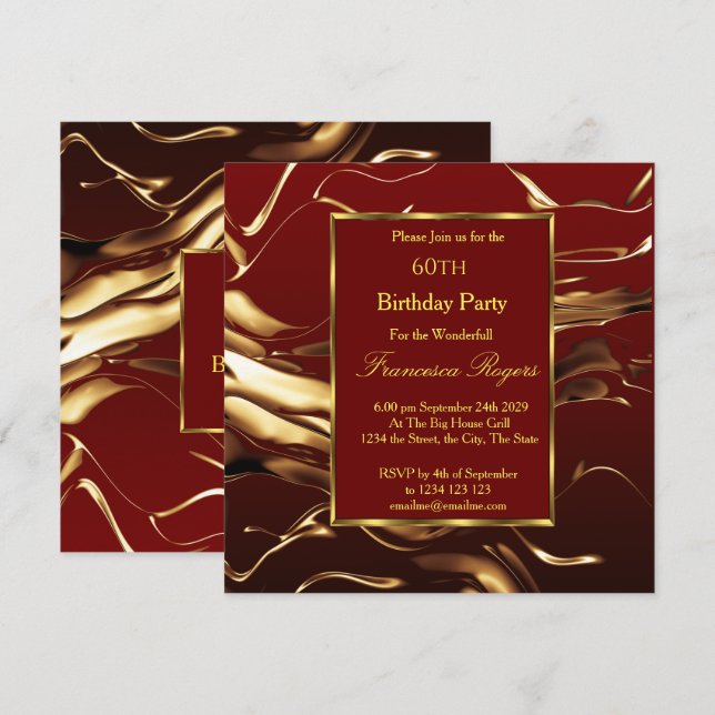 Elegant 60th Birthday Party Gold Burgundy Invitation (Front/Back)