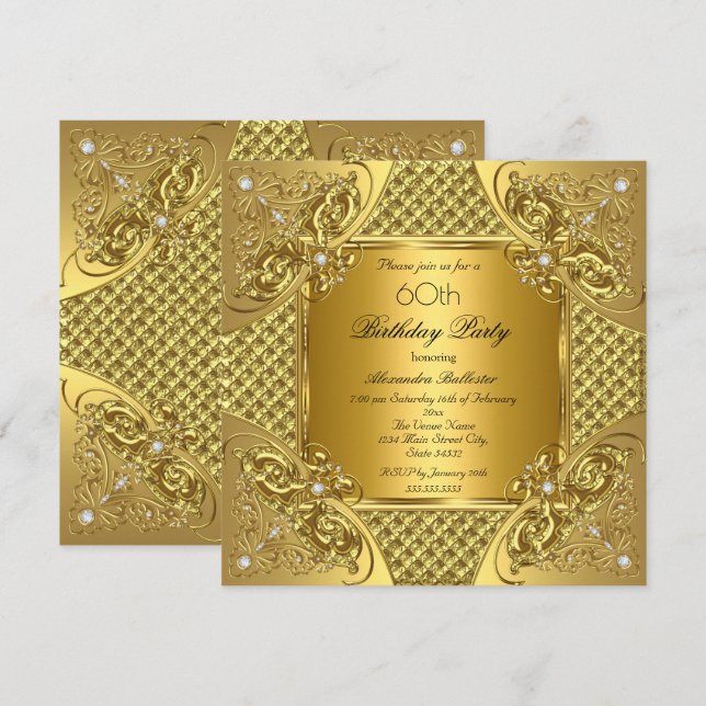 Elegant 60th Birthday Party Gold Diamonds Invitation (Front/Back)