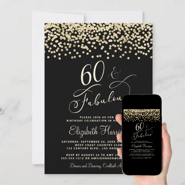 Elegant 60th Birthday Party Gold Glitter Black Invitation 