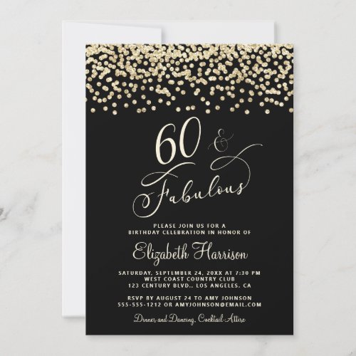 Elegant 60th Birthday Party Gold Glitter Black Invitation