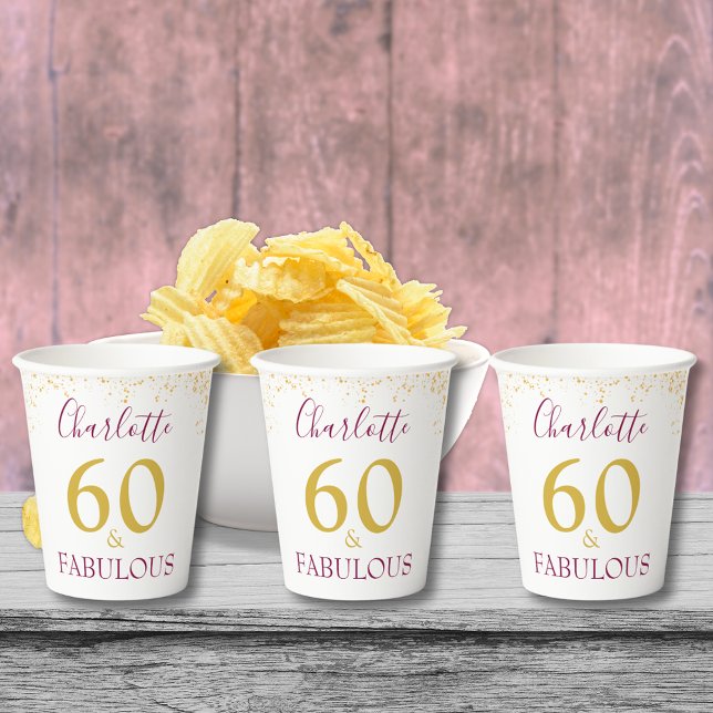 Elegant 60th Birthday Party Gold Personalized Paper Cups (60 & fabulous stylish purple and gold typography custom name 60th birthday party paper cups)