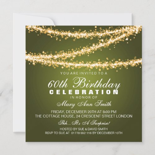 Elegant 60th Birthday Party Green String Lights Invitation