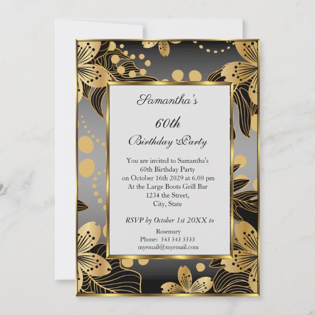  Elegant 60th Birthday Party Invitation Gold Gray  (Front)