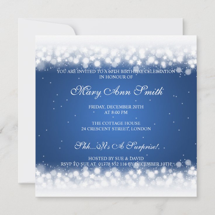 Elegant 60th Birthday Party Magic Sparkle Blue Invitation | Zazzle