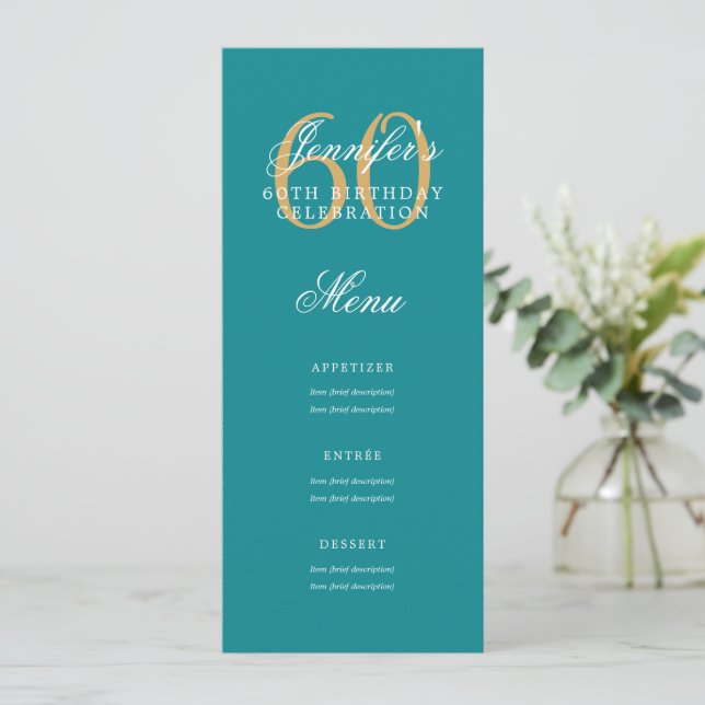 Elegant 60th Birthday Party Menu Gold Turquoise  Invitation (Standing Front)